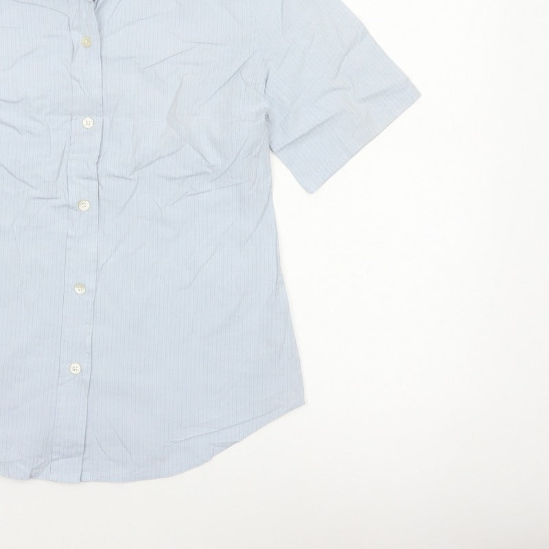 GAP Women Blue Striped S Short Sleeve Collared Button-Up Shirt