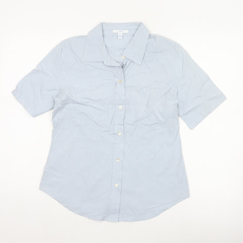 GAP Women Blue Striped S Short Sleeve Collared Button-Up Shirt