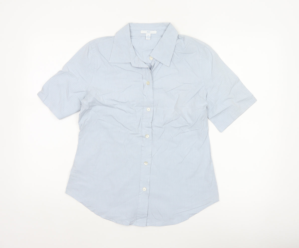 GAP Women Blue Striped S Short Sleeve Collared Button-Up Shirt