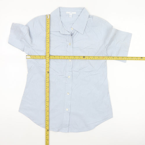 GAP Women Blue Striped S Short Sleeve Collared Button-Up Shirt