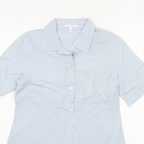 GAP Women Blue Striped S Short Sleeve Collared Button-Up Shirt