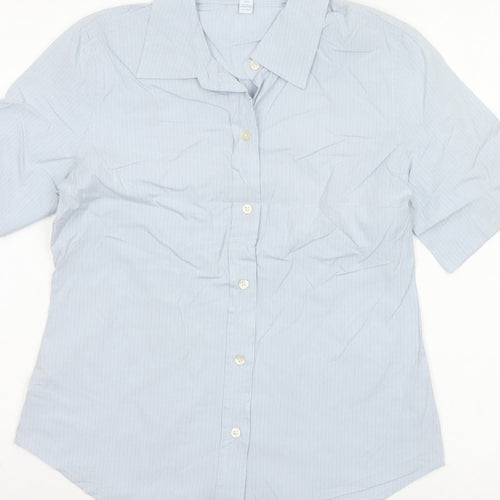 GAP Women Blue Striped S Short Sleeve Collared Button-Up Shirt