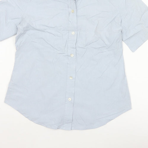 GAP Women Blue Striped S Short Sleeve Collared Button-Up Shirt