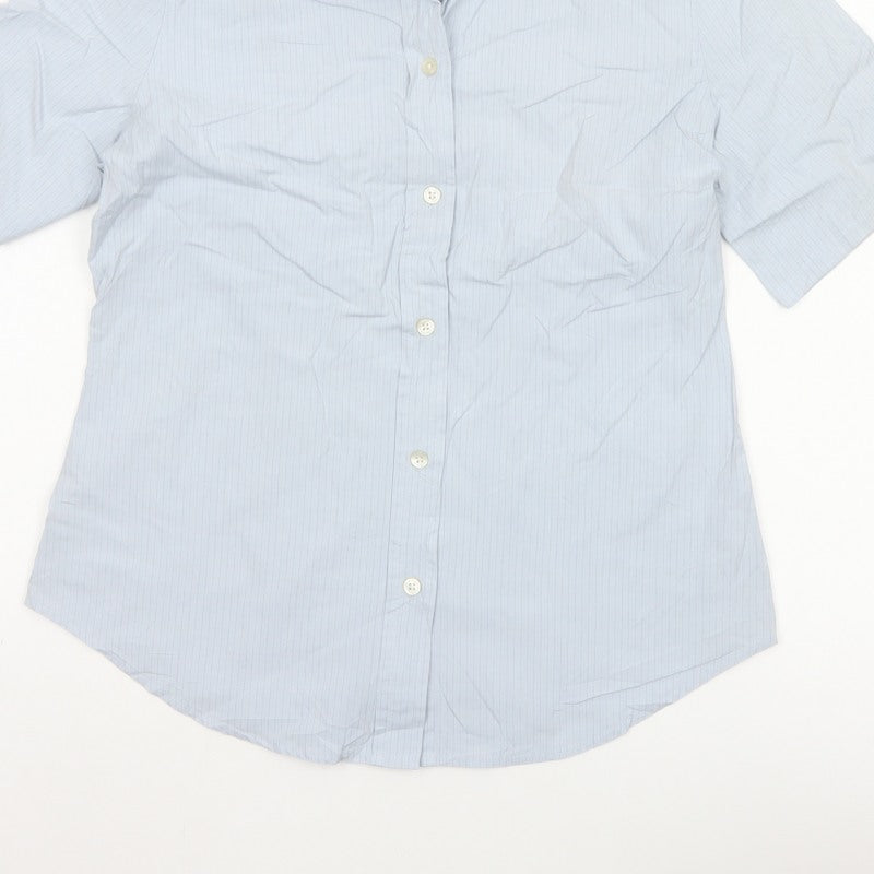 GAP Women Blue Striped S Short Sleeve Collared Button-Up Shirt
