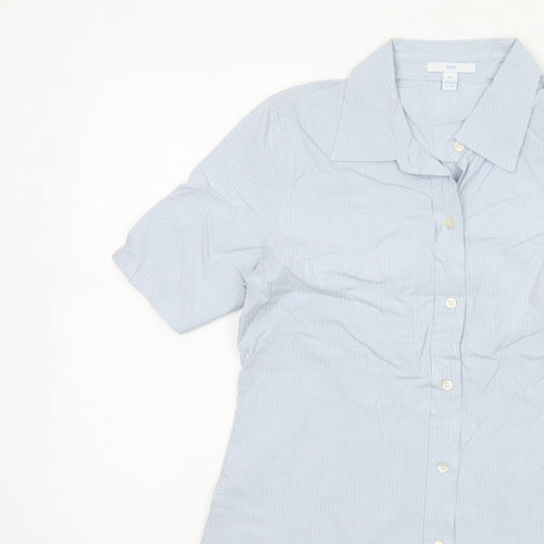 GAP Women Blue Striped S Short Sleeve Collared Button-Up Shirt