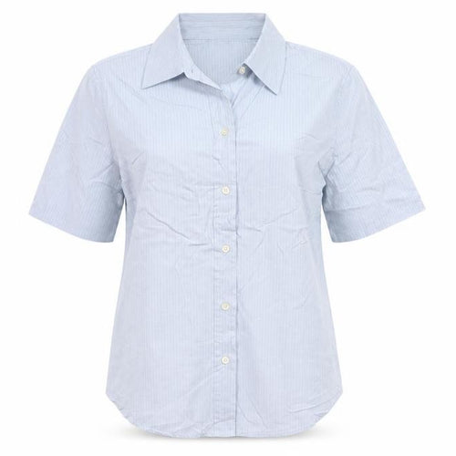 GAP Women Blue Striped S Short Sleeve Collared Button-Up Shirt