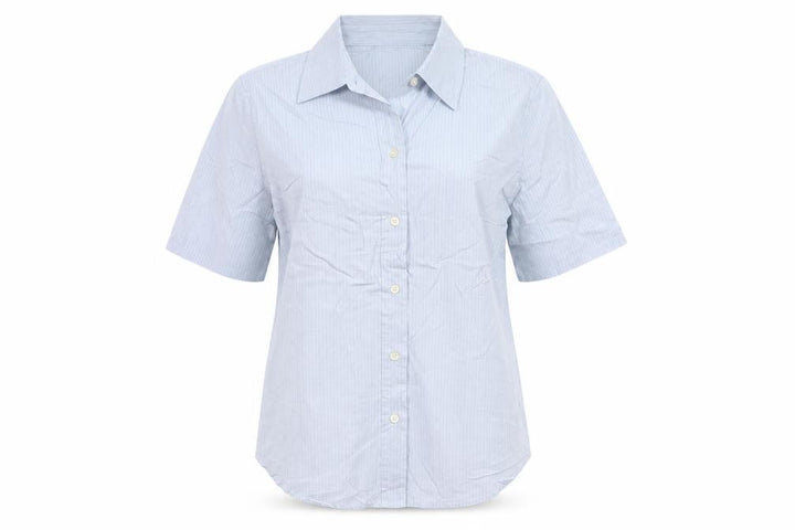 GAP Women Blue Striped S Short Sleeve Collared Button-Up Shirt