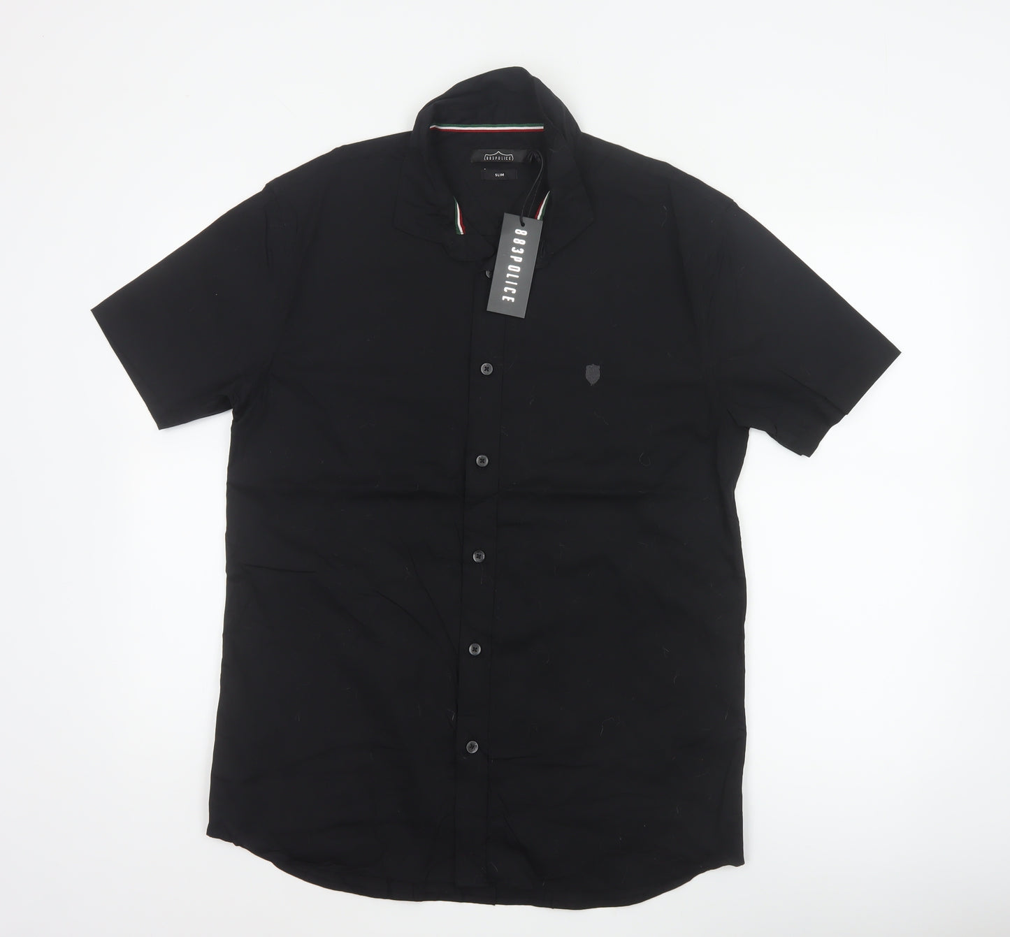 883 Police Men's Black L Slim Short Sleeve Button-Up Shirt