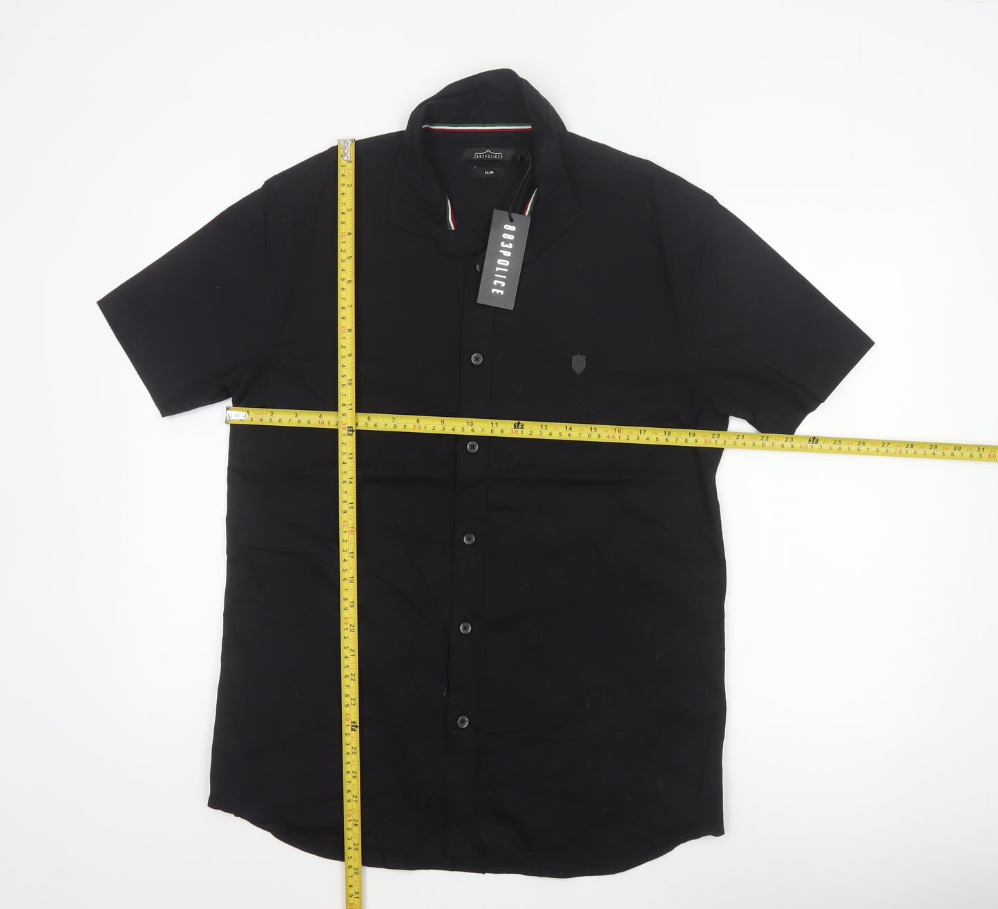 883 Police Men's Black L Slim Short Sleeve Button-Up Shirt
