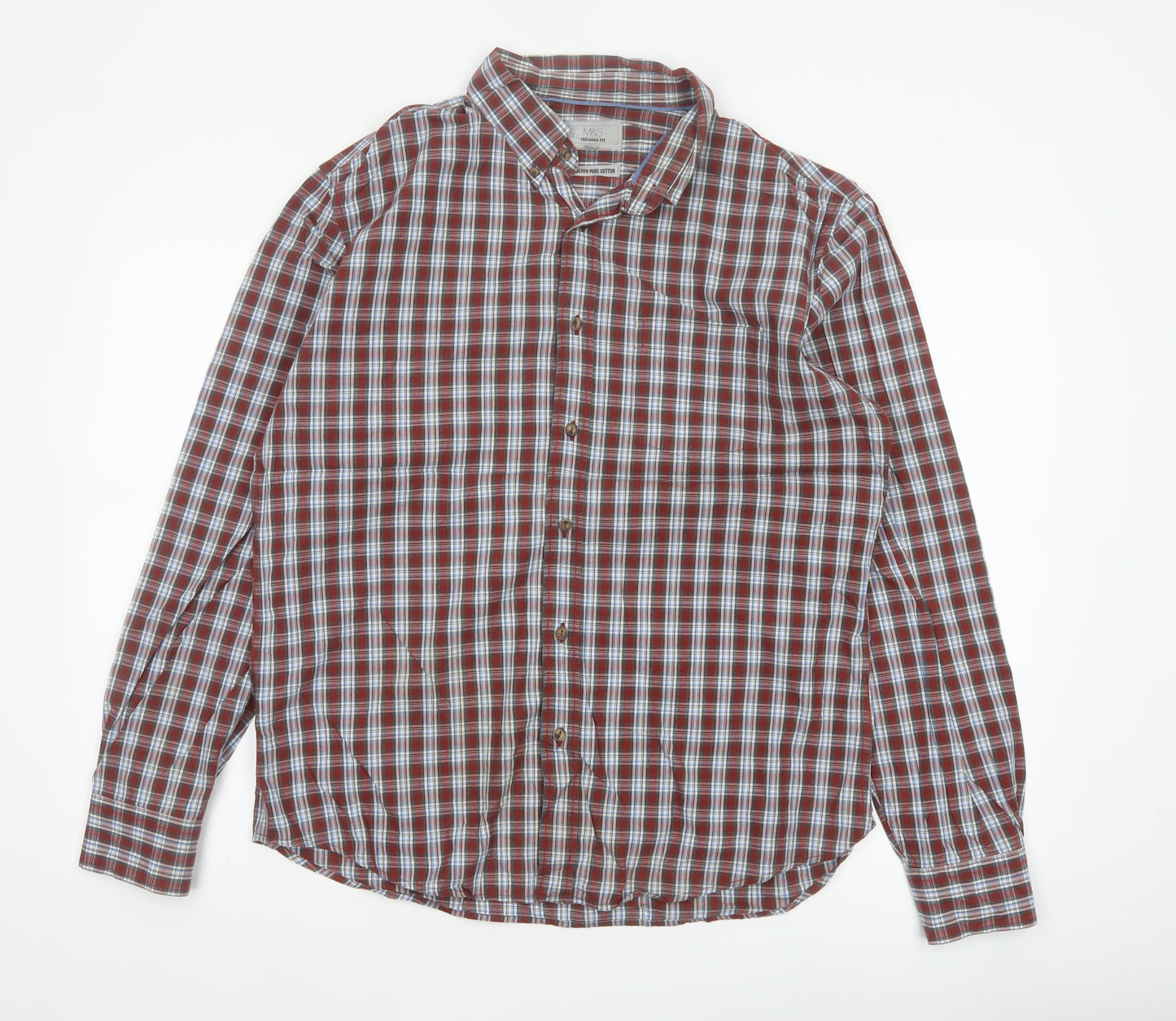 Marks and Spencer Men’s L Red Blue Plaid Pure Cotton Button-Down Shirt