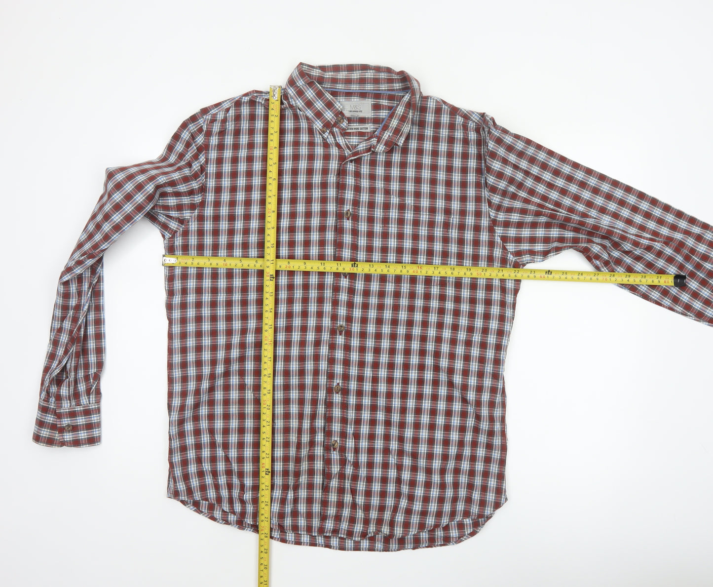 Marks and Spencer Men’s L Red Blue Plaid Pure Cotton Button-Down Shirt