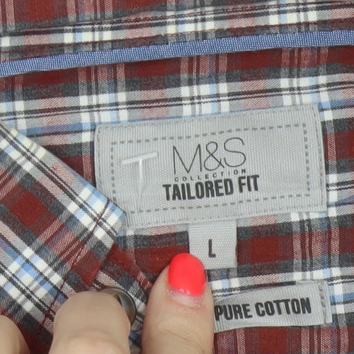 Marks and Spencer Men’s L Red Blue Plaid Pure Cotton Button-Down Shirt