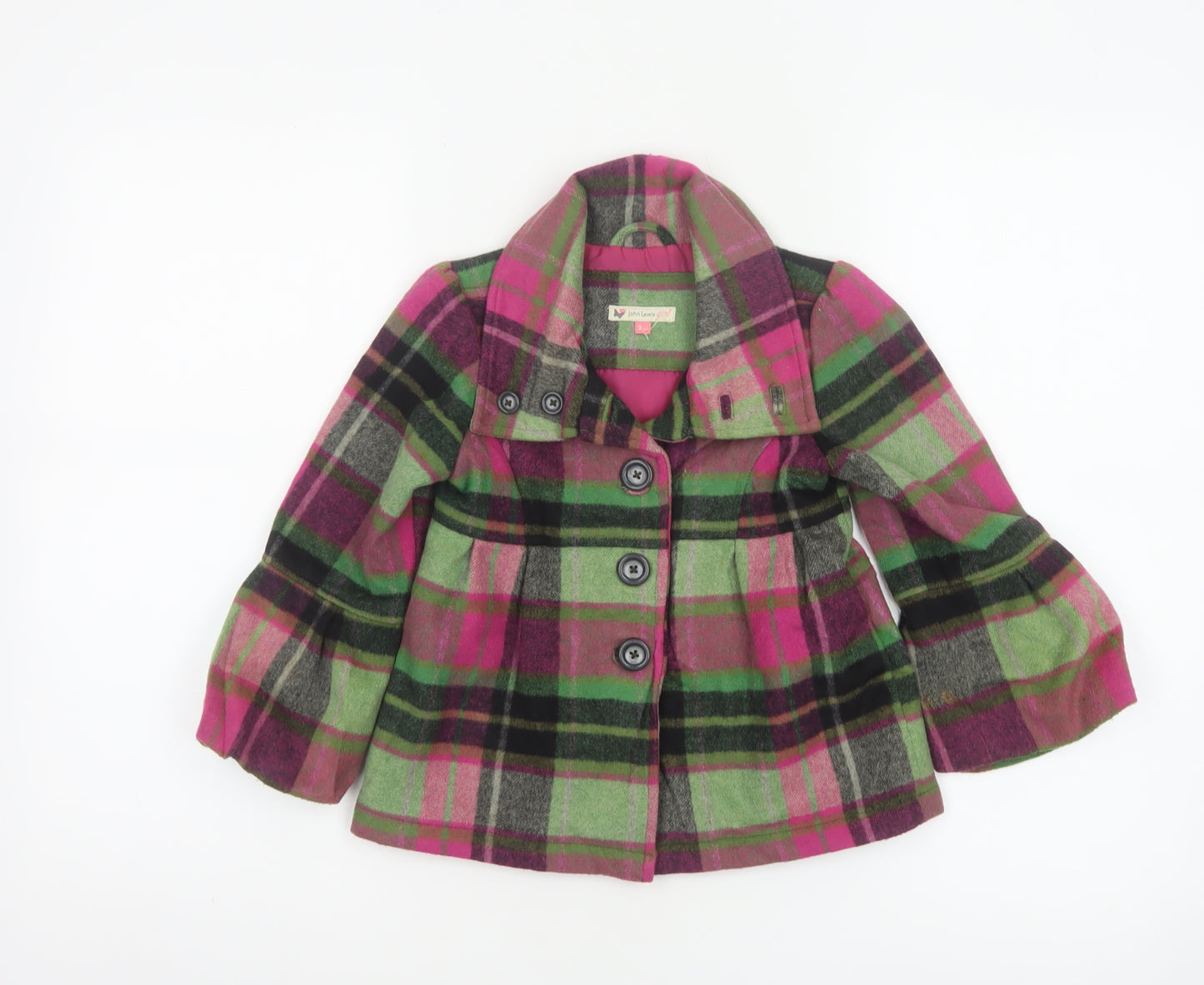 John Lewis Girls Multicoloured Plaid Wool Blend Pea Coat 3 Years