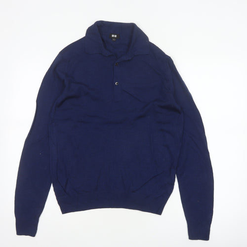 Uniqlo Men's Blue S 100% Wool Collared Henley Knit Jumper