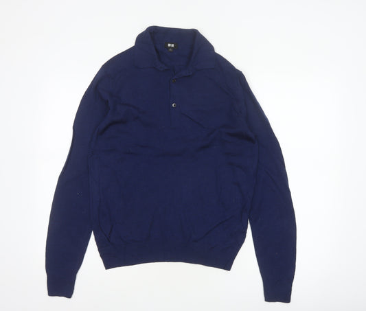 Uniqlo Men's Blue S 100% Wool Collared Henley Knit Jumper