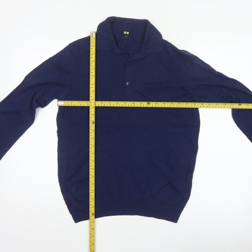 Uniqlo Men's Blue S 100% Wool Collared Henley Knit Jumper