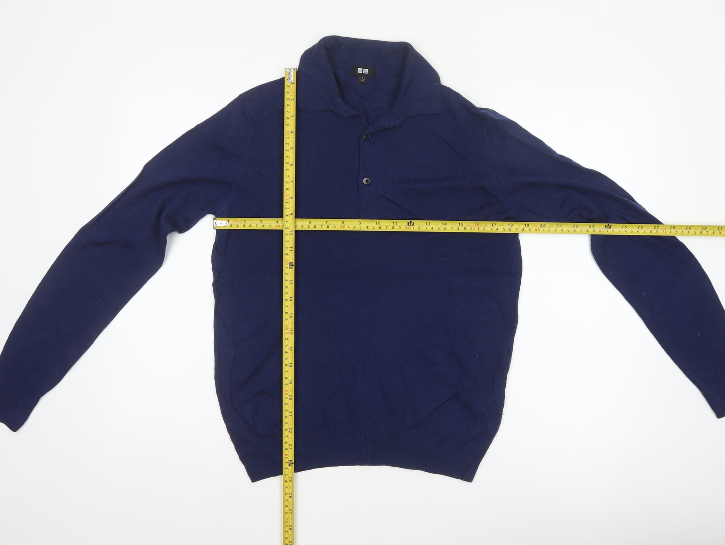 Uniqlo Men's Blue S 100% Wool Collared Henley Knit Jumper