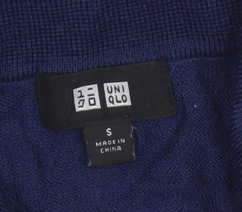 Uniqlo Men's Blue S 100% Wool Collared Henley Knit Jumper