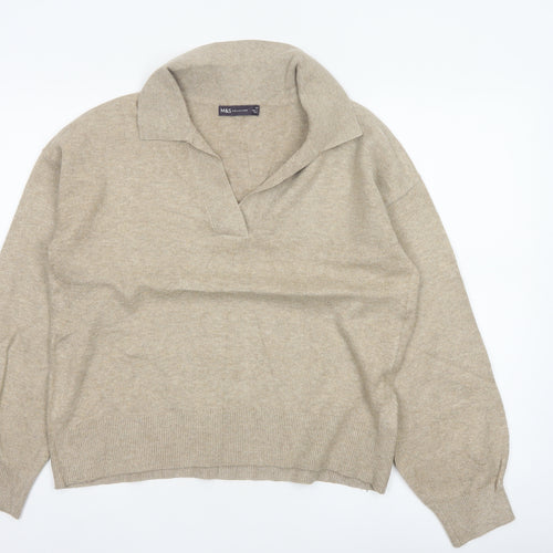 Marks and Spencer Women Beige M Collared Knit Pullover Jumper
