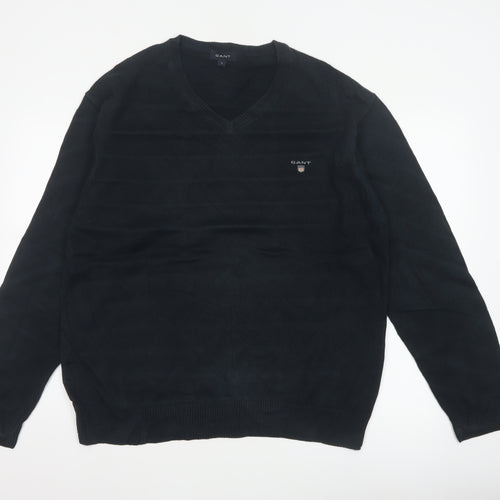 GANT Men’s Black Cotton V-Neck Logo Knit Pullover Jumper Size L