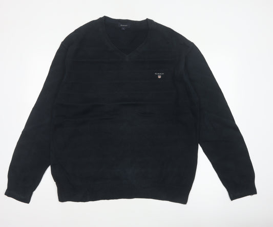 GANT Men’s Black Cotton V-Neck Logo Knit Pullover Jumper Size L