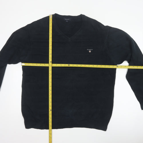 GANT Men’s Black Cotton V-Neck Logo Knit Pullover Jumper Size L