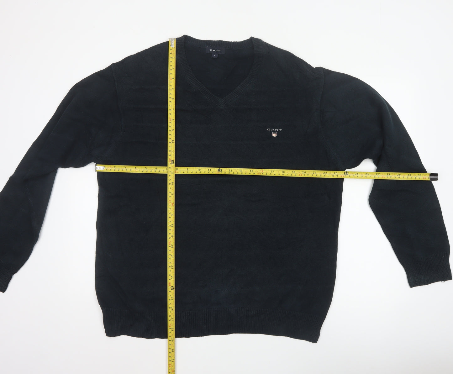 GANT Men’s Black Cotton V-Neck Logo Knit Pullover Jumper Size L