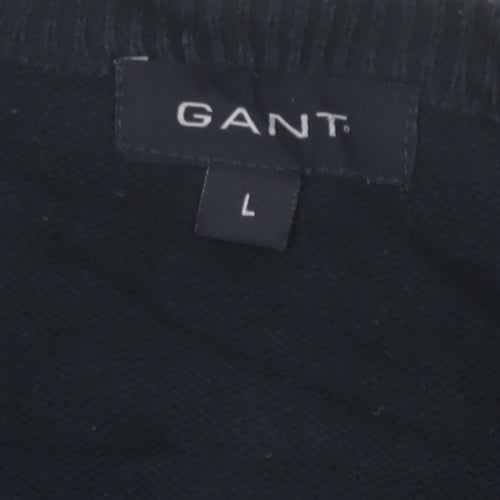 GANT Men’s Black Cotton V-Neck Logo Knit Pullover Jumper Size L