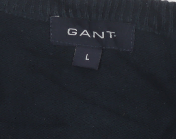 GANT Men’s Black Cotton V-Neck Logo Knit Pullover Jumper Size L