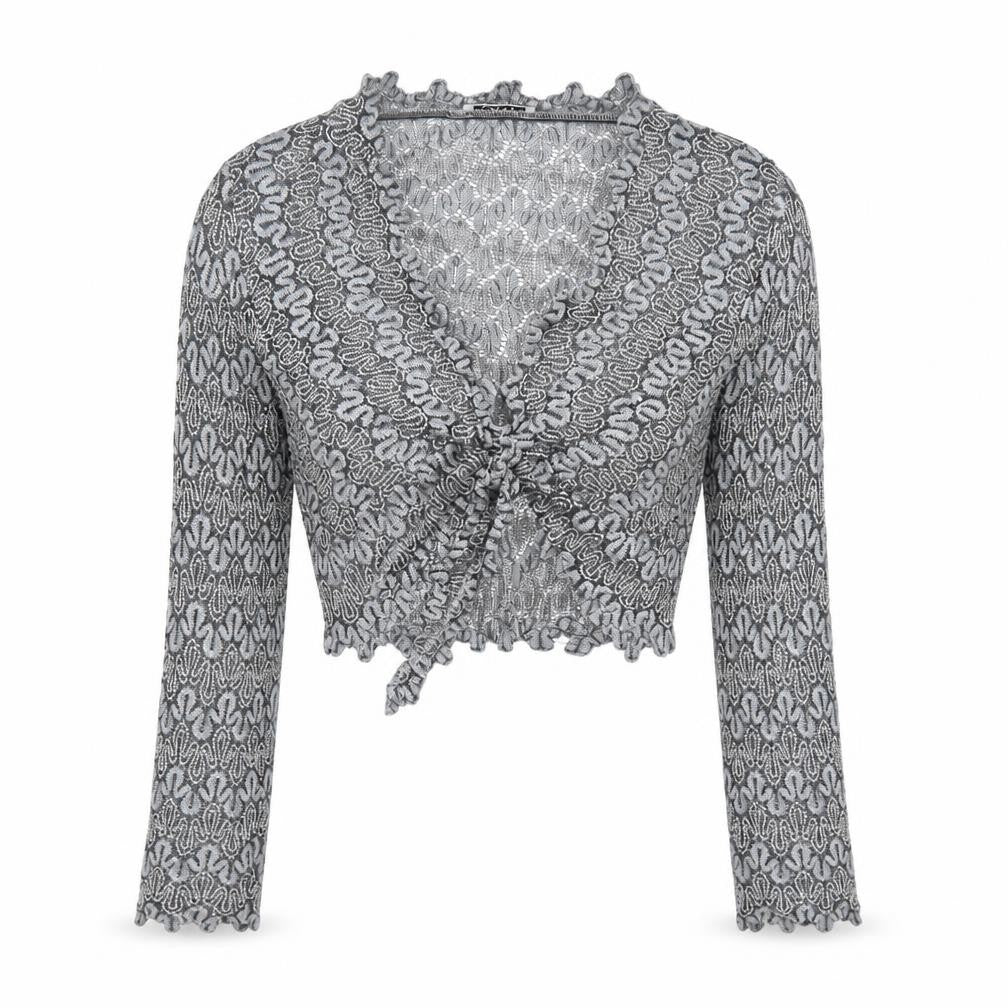 Front view of Planet Women Grey Metallic Knit Wrap Cropped Blouse, size 10