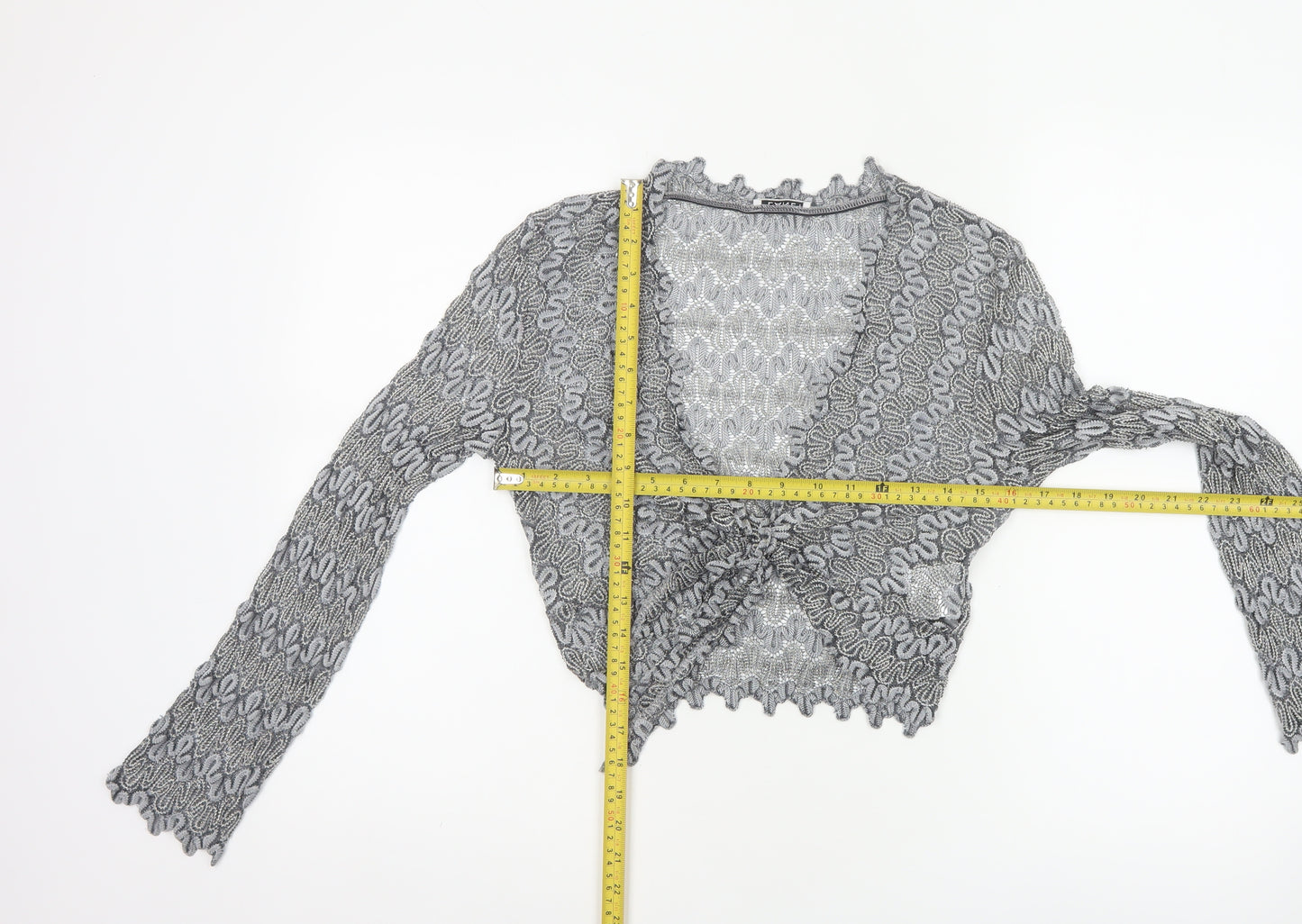 Planet Women Grey Metallic Knit Wrap Cropped Blouse Size 10