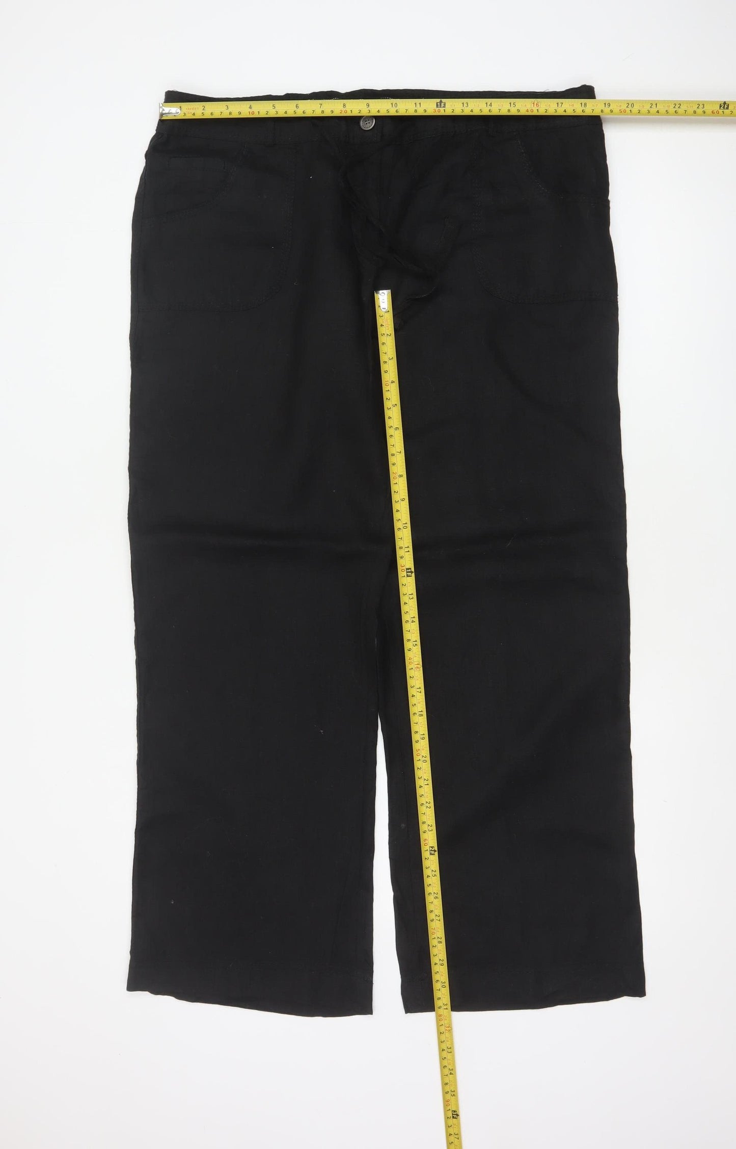 Denim Co Women Black Linen Straight Leg Trousers UK 16 Pockets