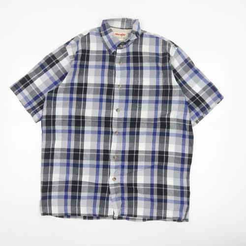 Wrangler Men Blue Plaid Cotton Short Sleeve Button-Up Shirt M