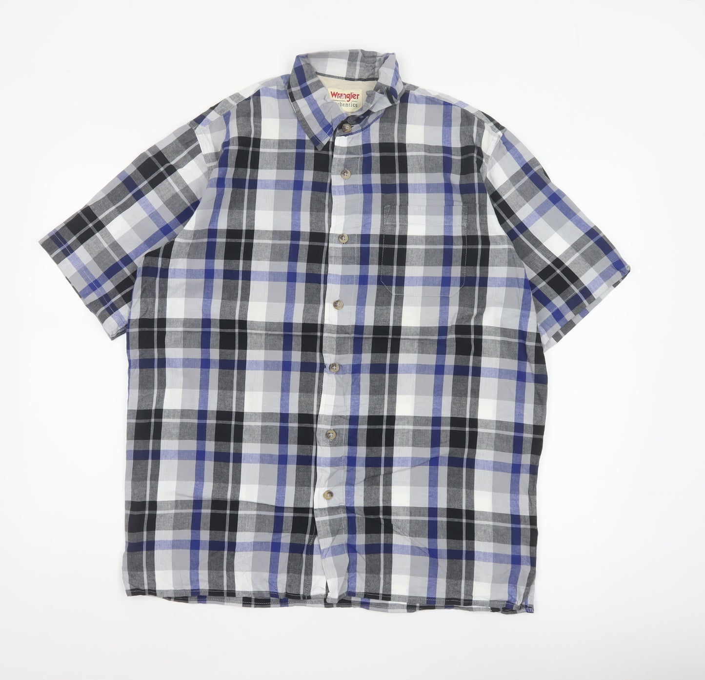 Wrangler Men Blue Plaid Cotton Short Sleeve Button-Up Shirt M