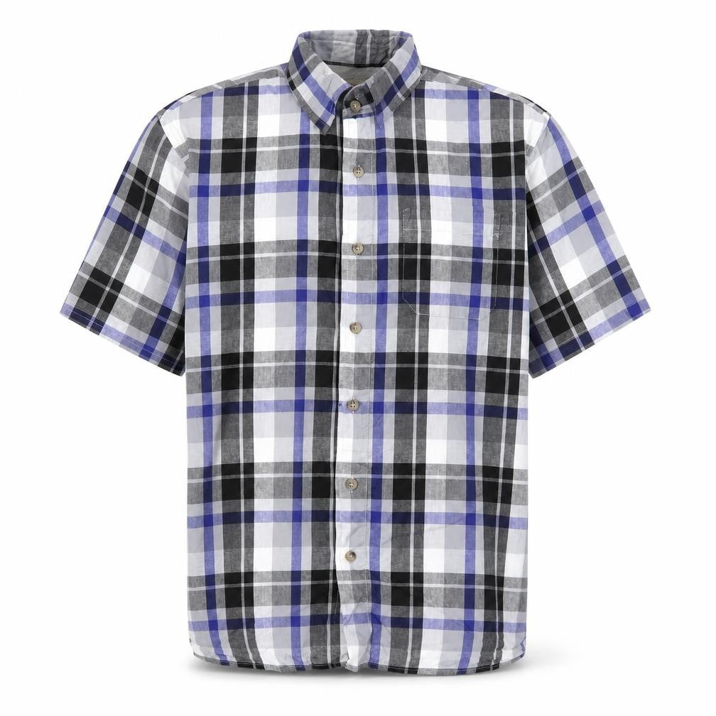 Front view of Wrangler Men Blue Plaid Cotton Short Sleeve Button-Up Shirt M