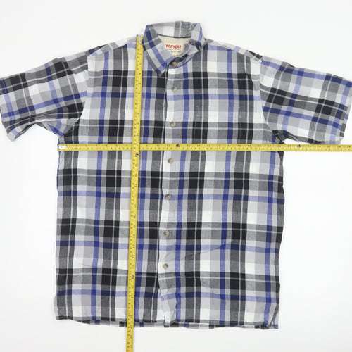 Wrangler Men Blue Plaid Cotton Short Sleeve Button-Up Shirt M