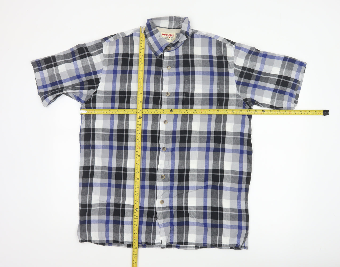 Wrangler Men Blue Plaid Cotton Short Sleeve Button-Up Shirt M