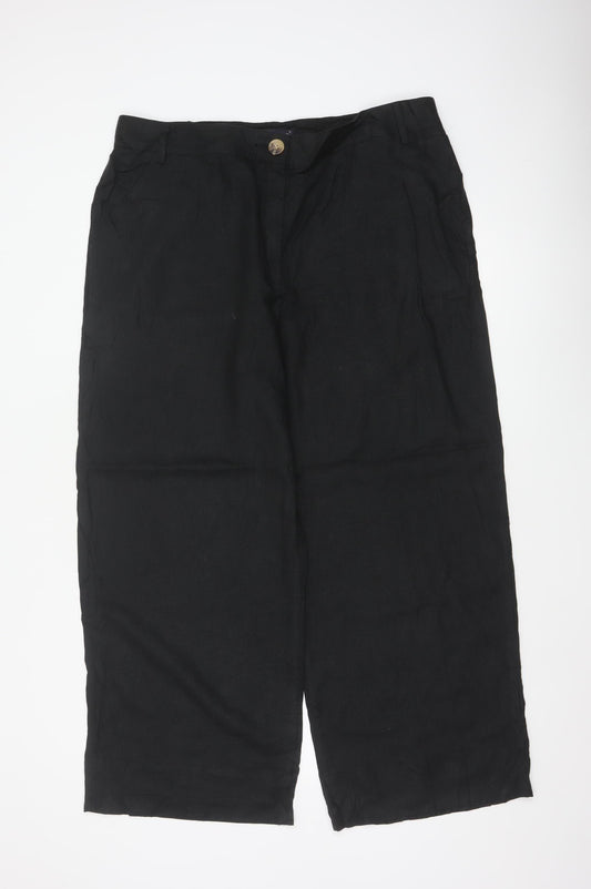 Marks and Spencer Women Black UK 18 Short Linen Wide Leg Cropped Trousers