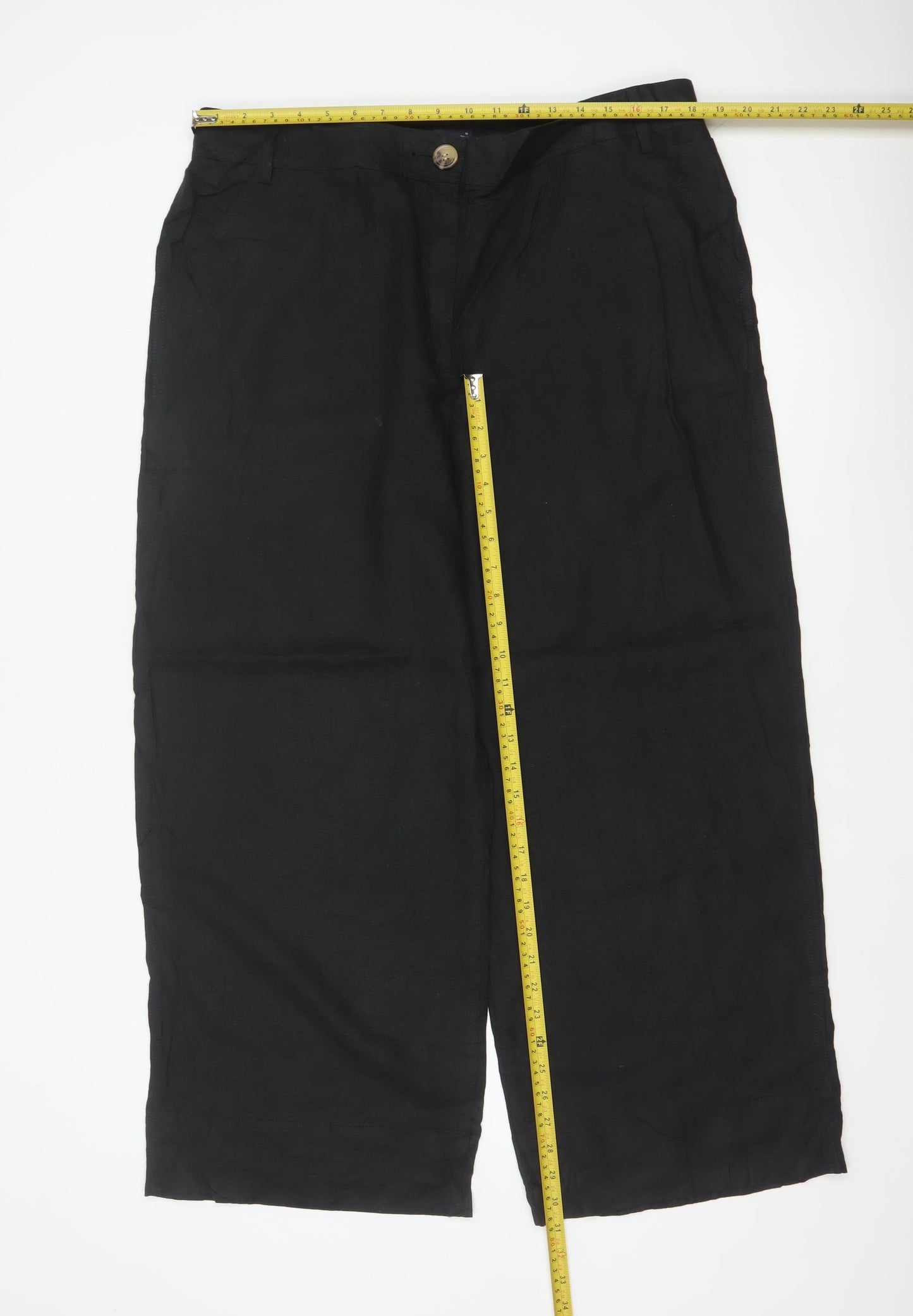 Marks and Spencer Women Black UK 18 Short Linen Wide Leg Cropped Trousers