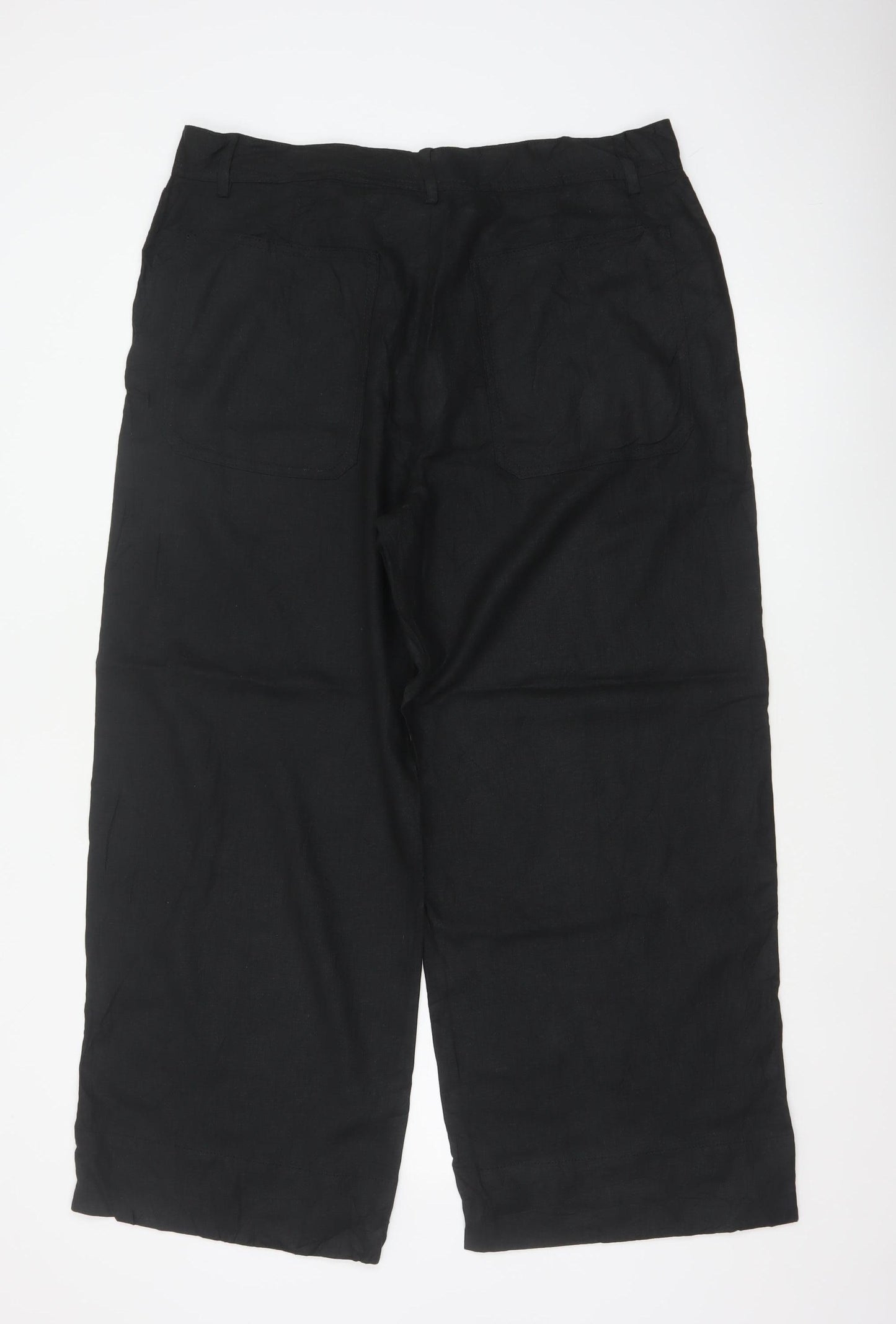 Marks and Spencer Women Black UK 18 Short Linen Wide Leg Cropped Trousers