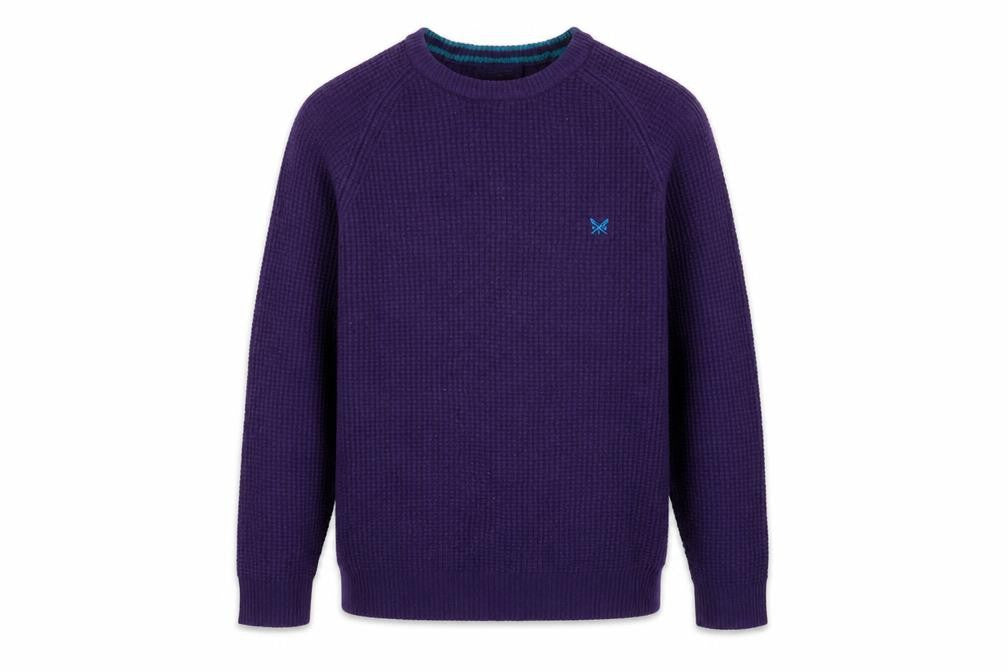 Crew Clothing Company Men’s Purple L Lambswool Crew Neck Waffle Knit Jumper