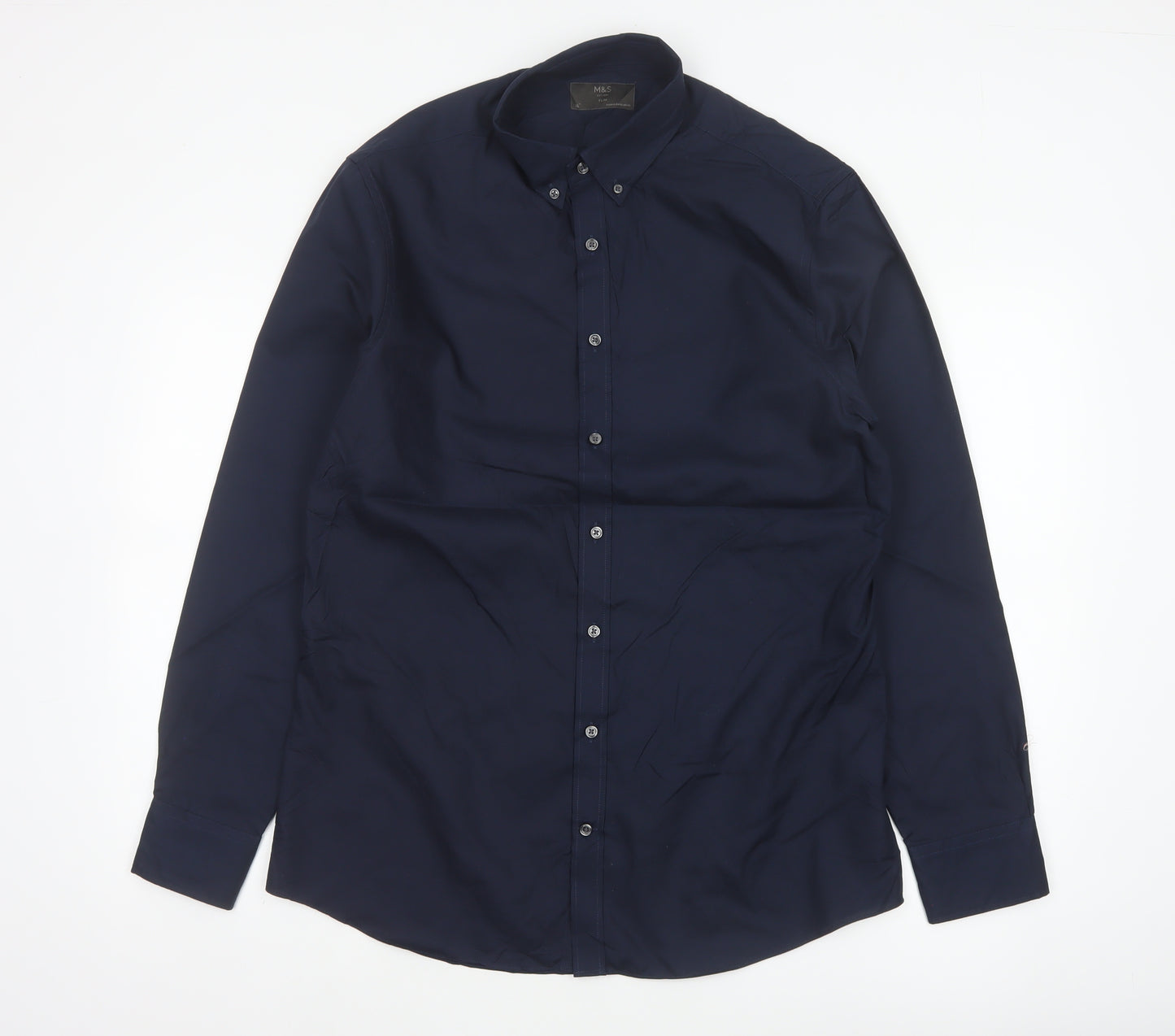 Marks & Spencer Men Blue 16 Slim Button Down Long Sleeve Shirt