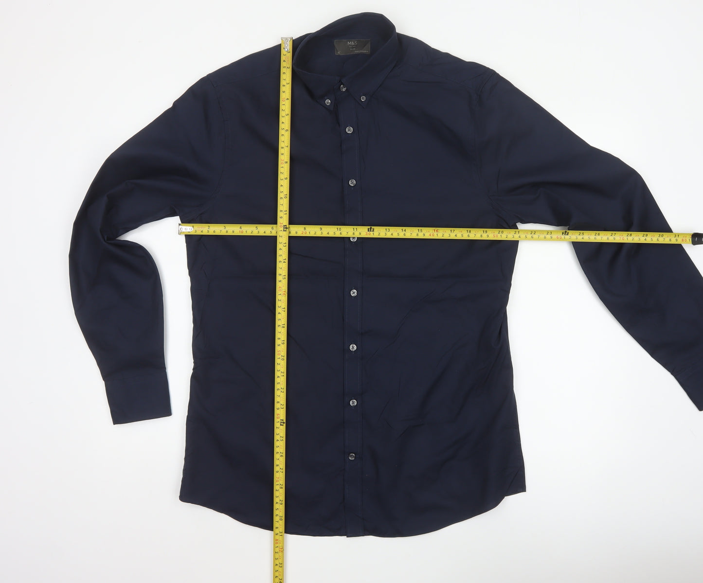 Marks & Spencer Men Blue 16 Slim Button Down Long Sleeve Shirt