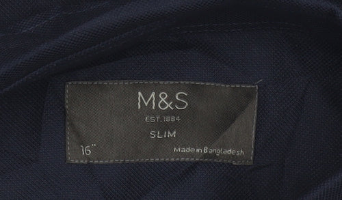 Marks & Spencer Men Blue 16 Slim Button Down Long Sleeve Shirt