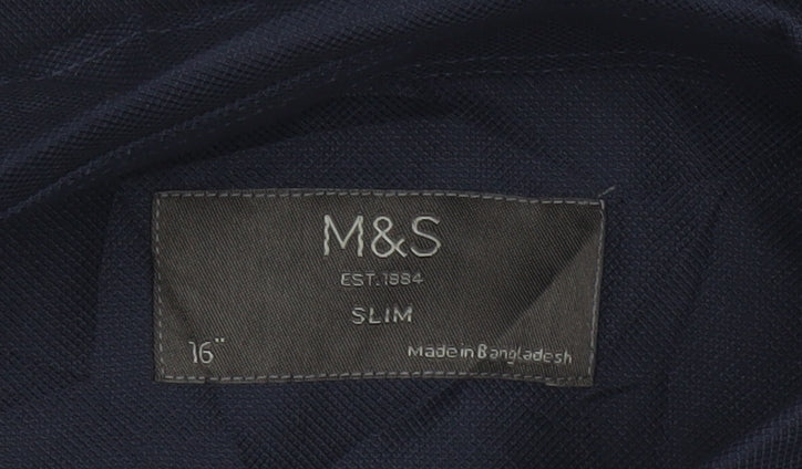 Marks & Spencer Men Blue 16 Slim Button Down Long Sleeve Shirt