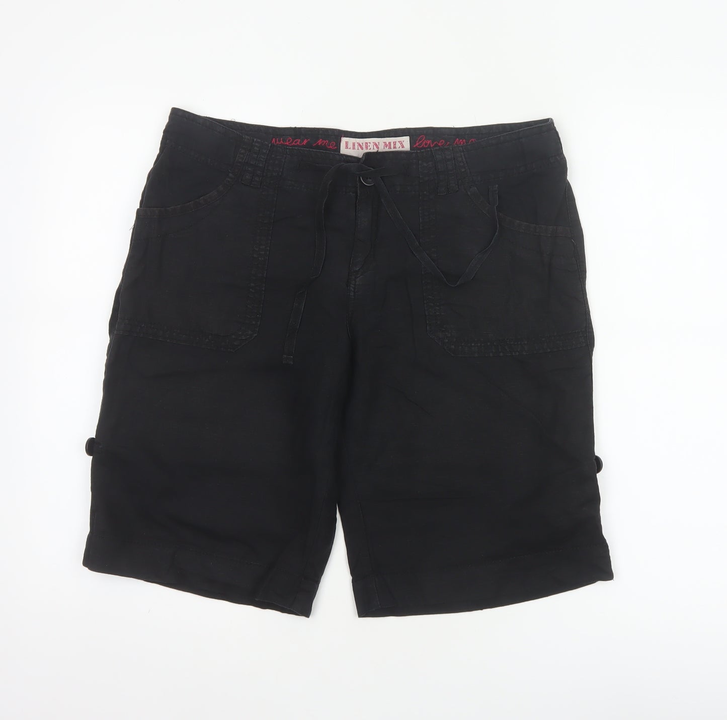 New Look Women Black UK 12 Linen Cotton Cargo Bermuda Shorts