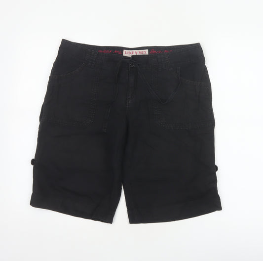 New Look Women Black UK 12 Linen Cotton Cargo Bermuda Shorts