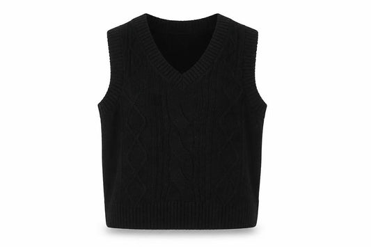 MONKI Women Black UK 12 Cable Knit V-Neck Sleeveless Jumper Vest
