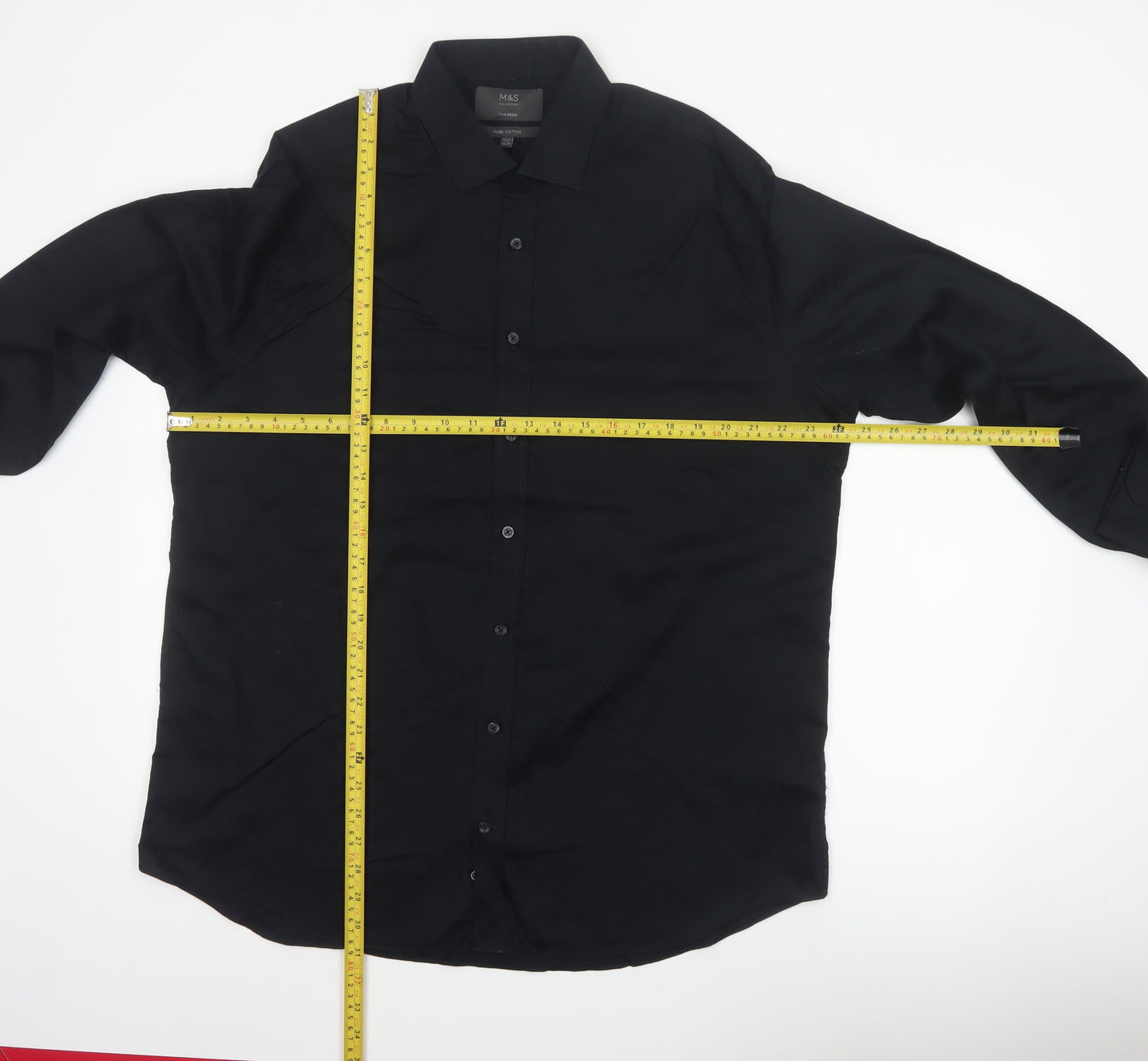 Marks & Spencer Men Black 17.5 Tailored Pure Cotton Long Sleeve Shirt