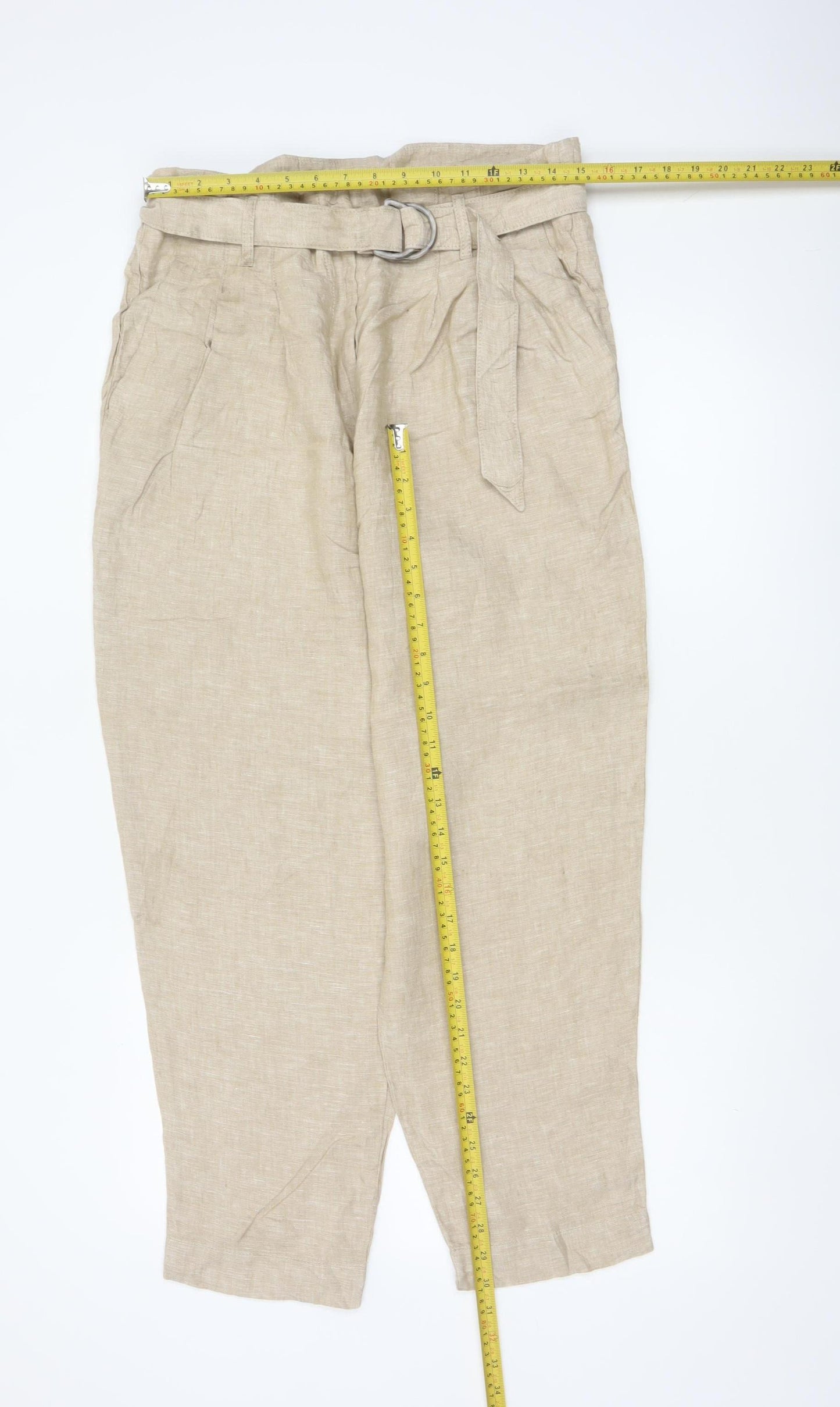 Marks & Spencer Women’s Beige UK 16 Linen Paperbag Belt Trousers